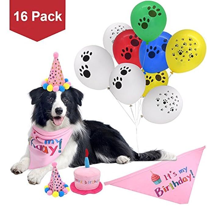PUPTECK 16 Pack Dog Birthday Bandana Scarfs- 2 Cute Party Hats- Durable Plush Cake Squeaky Chew Toy- | Amazon (US)