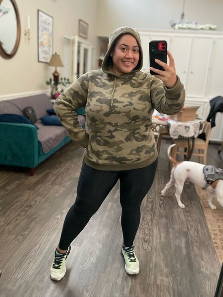 Camo hoodie perfect to walk in for these cooler mornings! 100% cotton Men's Cotton Camo-Print Hoodie Sweater with shiny Sweaty Betty leggings. OnCloud running shoes.

#LTKmidsize #LTKfitness #LTKover40