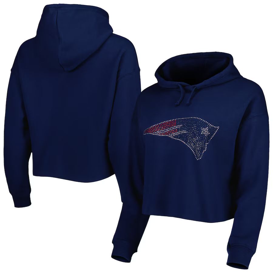 New England Patriots Cuce Women's Crystal Logo Cropped Pullover Hoodie - Navy | Fanatics