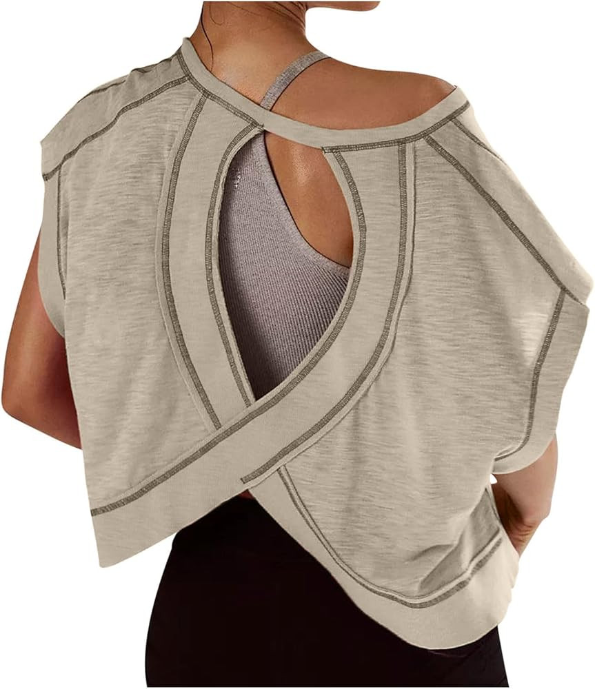 Womens Open Back Workout Tops Short Sleeve Backless Casual Gym Yoga Y2k Athletic Shirts Loose Fit... | Amazon (US)