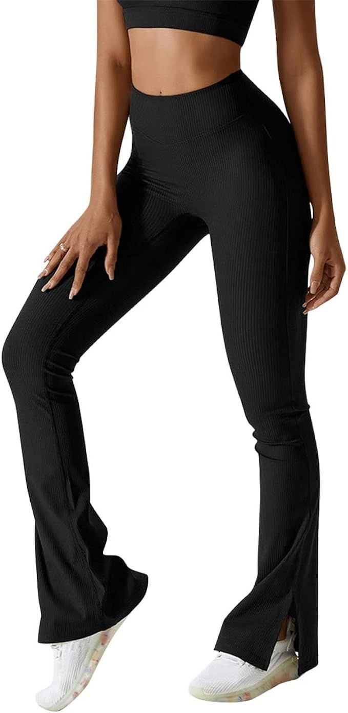 ABOCIW Women Ribbed Seamless Slit Hem Flared Leggings High Waist Bootcut Yoga Pants Tummy Control... | Amazon (US)