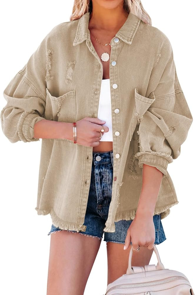 EVALESS Jean Jacket for Women Distressed Frayed Denim Jacket Ladies Ripped Stretchy Jacket With Pock | Amazon (US)