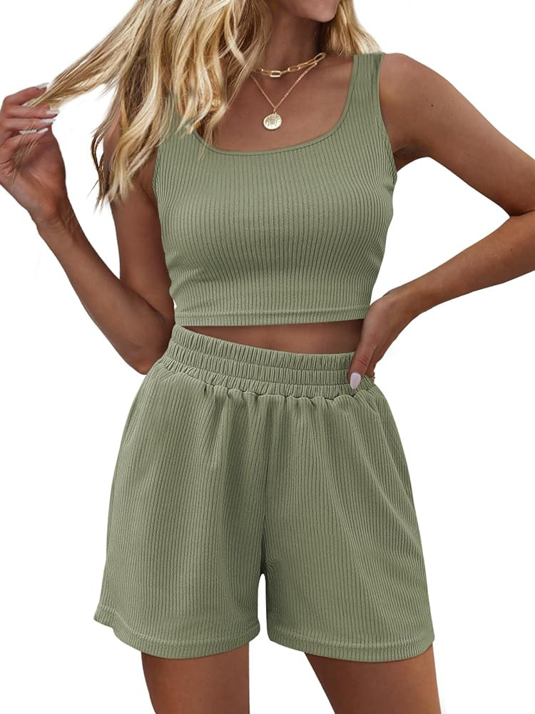 Trendy Queen Two Piece Summer Outfits Women Shorts Sets 2 Piece Sleeveless Matching Lounge Crop T... | Amazon (US)