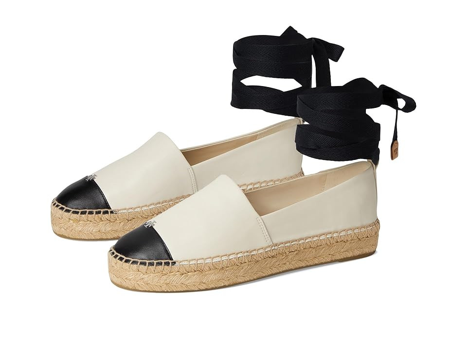 Tory Burch Cap-Toe Espadrille Women's Flat Shoes Light Cream/Perfect Black : 8.5 M, Leather | Zappos