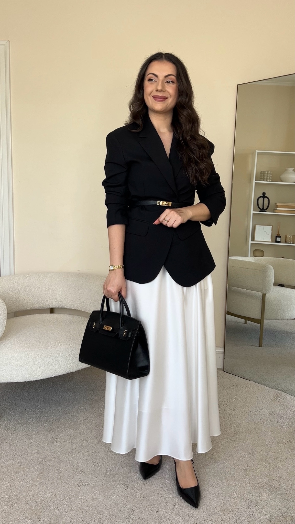 Silk maxi skirt workwear outfit. Skirt is from Lily Silk, wearing size UK10. Blazer is from Arket, wearing size UK8. Bag is from Totes Luxe Uk. Heels are from &OtherStories.

#LTKeurope #LTKworkwear #LTKuk