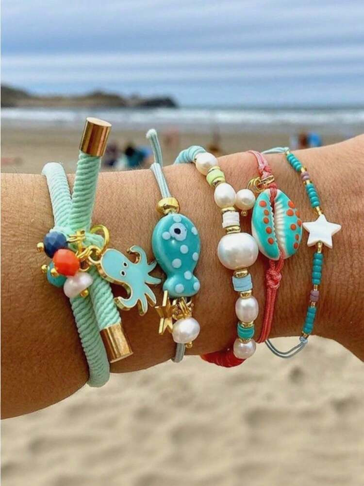 5pcs/Set Cute Cartoon Octopus, Shell & Fish Ceramic Stretch Bracelet Set, Suitable For Women Dail... | SHEIN