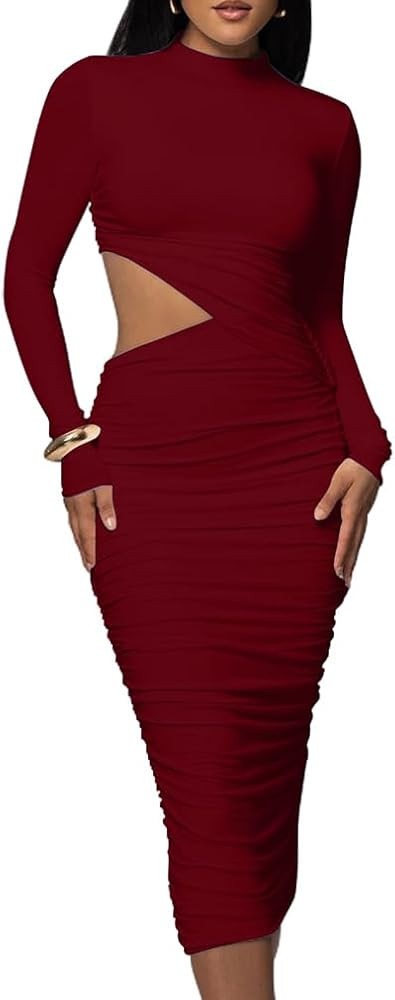LAGSHIAN Women Sexy Long Sleeve Mock Neck One Piece Cutout Ruched Bodycon Midi Party Dress | Amazon (US)