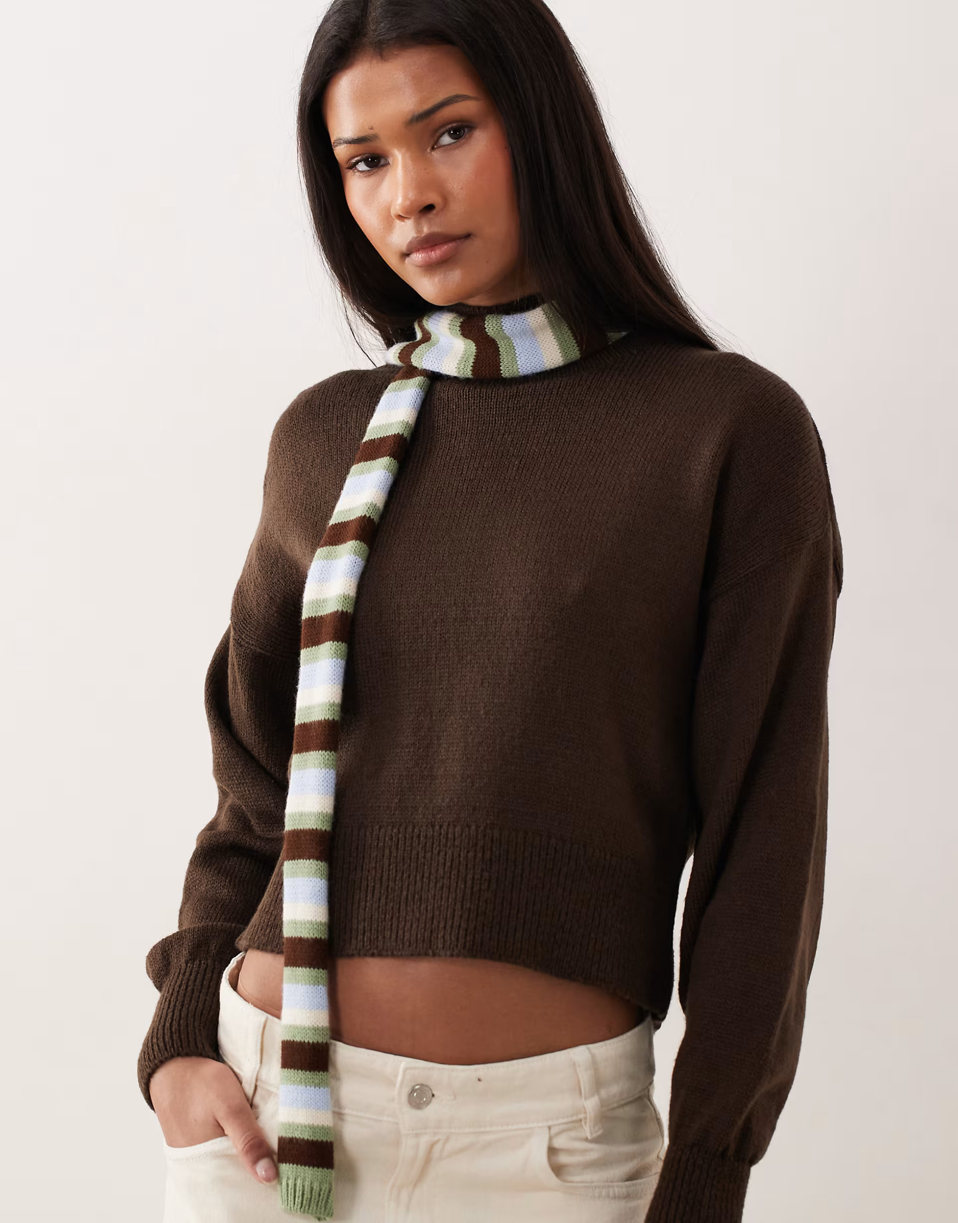 ASOS DESIGN brushed knit skinny scarf in green and brown stripe | ASOS (Global)