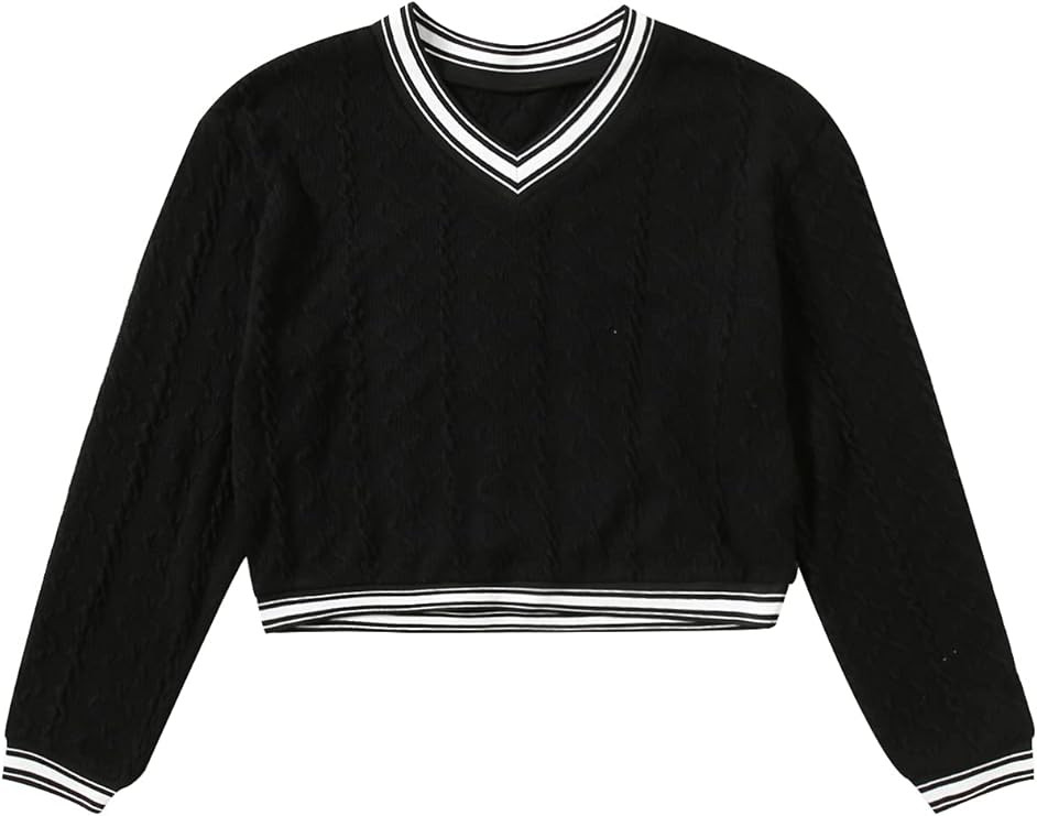 SheIn Women's Cute V Neck Long Sleeve Contrast Pullover Crop Top Sweatshirt | Amazon (US)