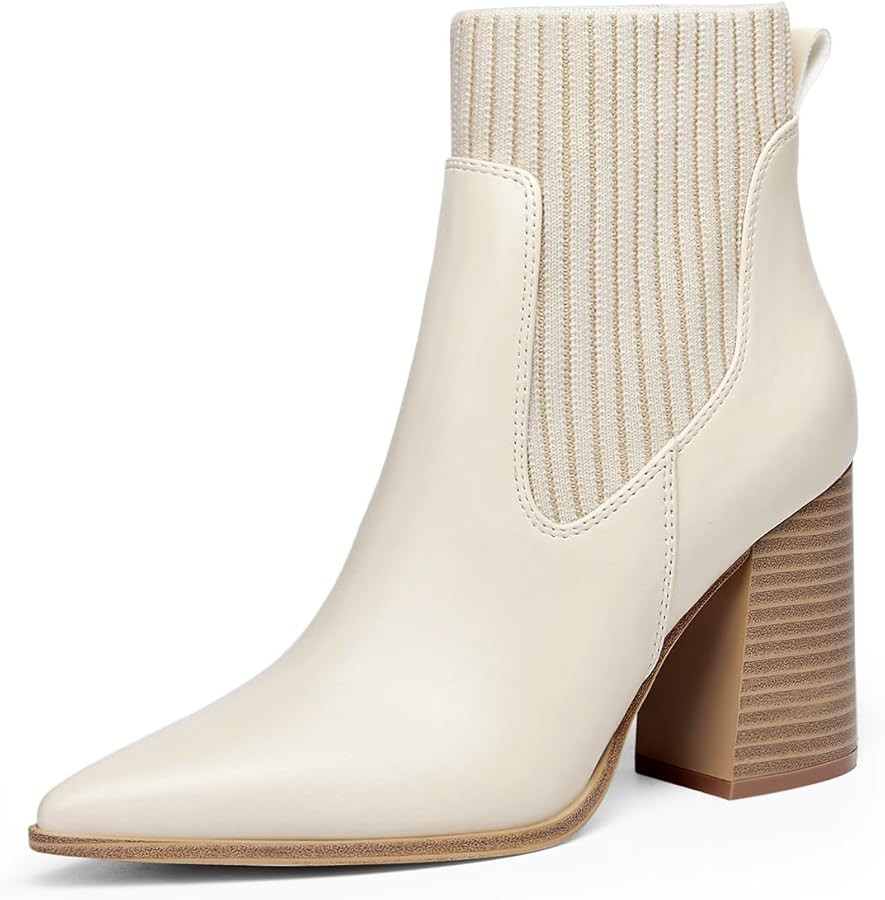 Coutgo Women Ankle Boots Sock Booties Pointed Toe Chunky Stacked High Heel Knit Chelsea Winter Dr... | Amazon (US)