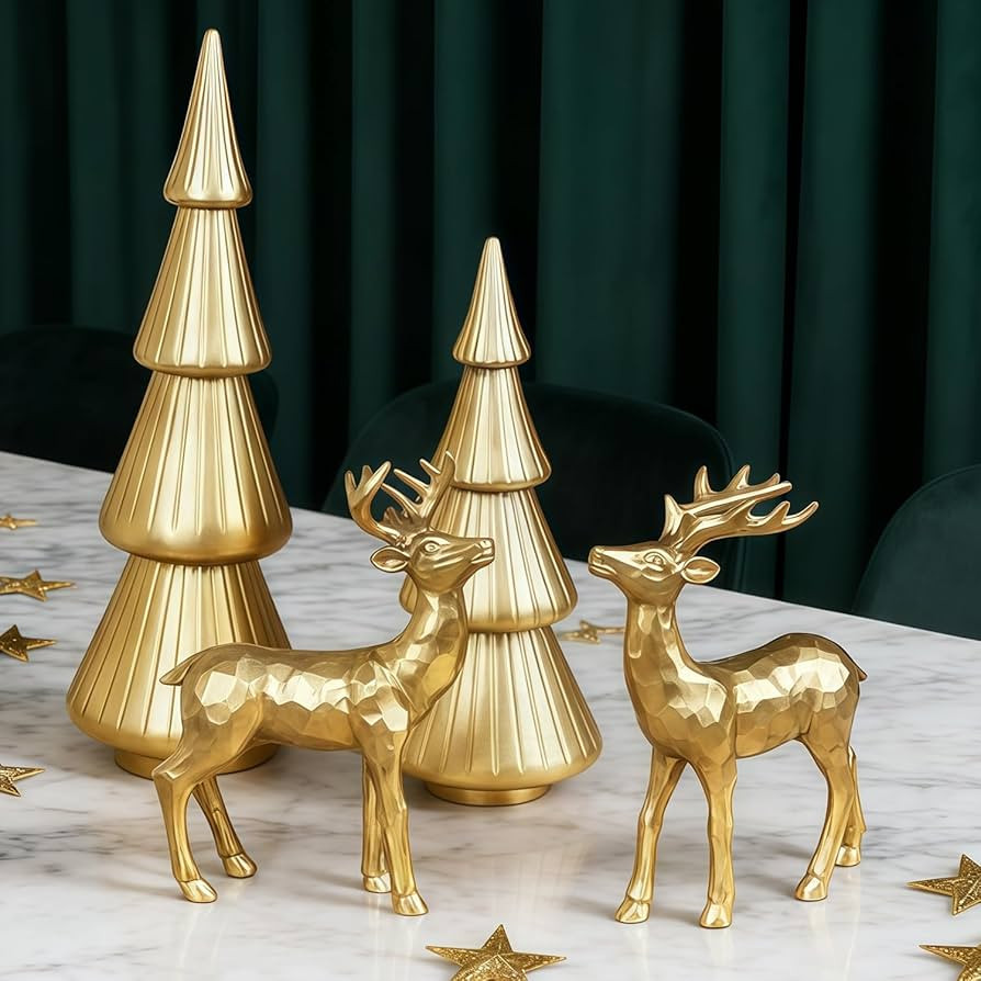 Set of 4 Christmas Table Decorations, 2 Xmas Trees & 2 Reindeer, Vintage Resin Golden Christmas F... | Amazon (US)