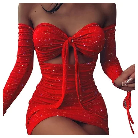 Olyvenn Women s Off The Shoulder Mini Dresses Front Knot Hip Small Highlight Print Sexy Pleated Stra | Walmart (US)