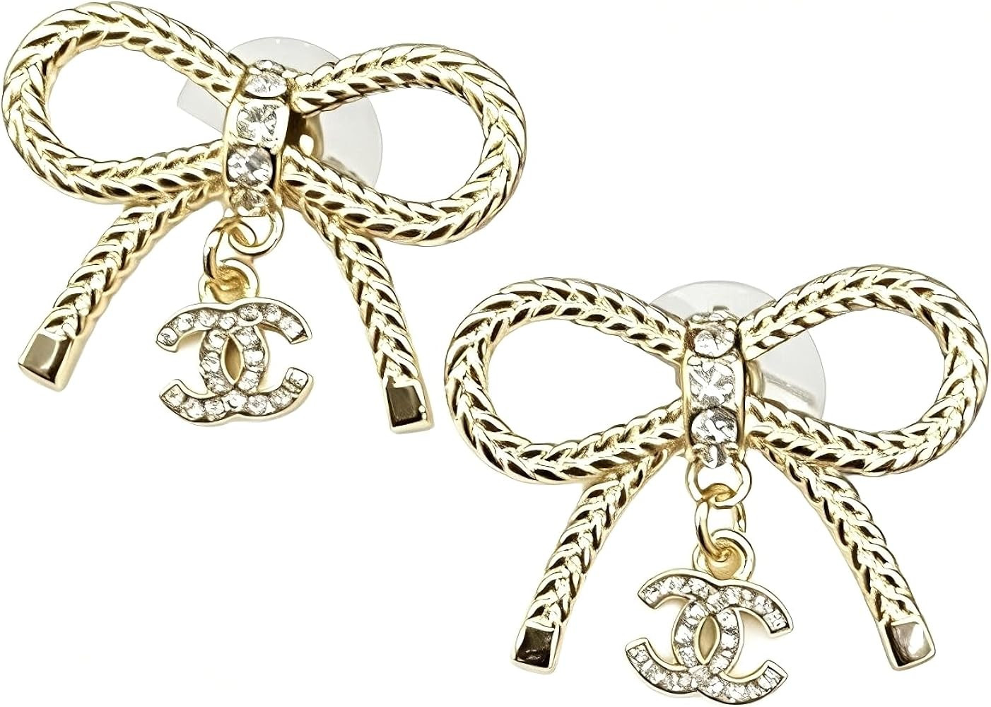 Bowknot pendant earrings with gold plating, sparkling crystal diamond drops, fashionable silver s... | Amazon (US)