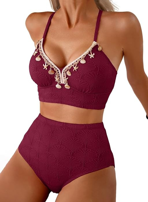 Women's Seashell Textured Bikini Sets Stitching Ribbon Shell Decoration Swimsuits High Waisted Ba... | Amazon (US)