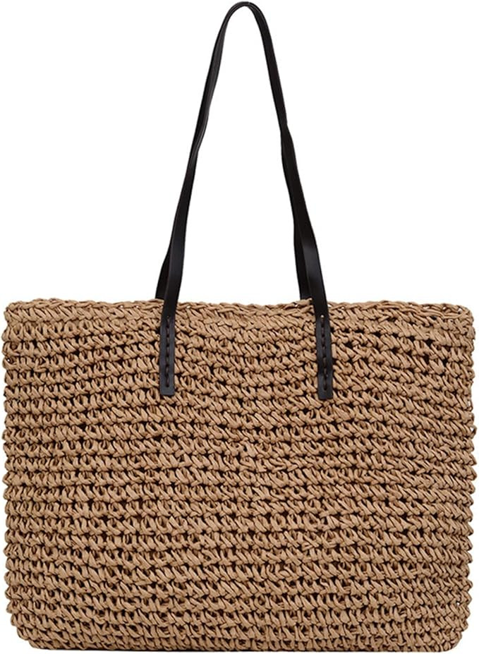 Straw Tote Bag Woven Beach Bag Large Shoulder Bags Women Tote Handbag with Zipper (Brown) | Amazon (US)