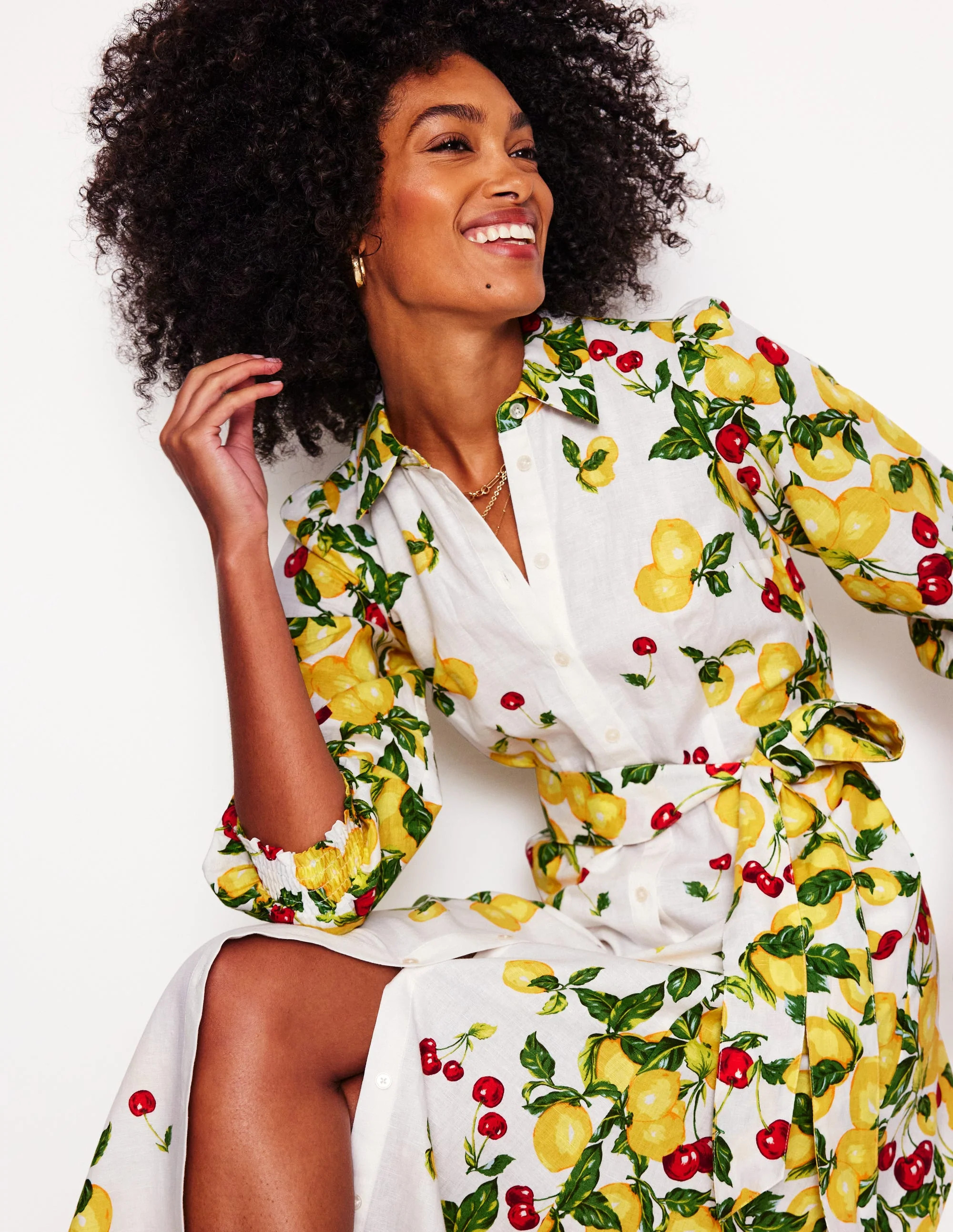 Clara Linen Blend Shirt Dress-Ivory, Cherries and Lemons | Boden (US)
