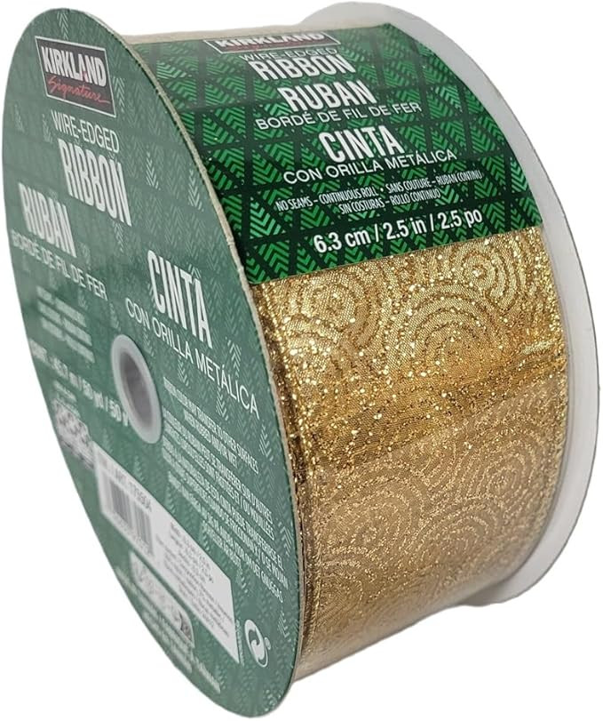 Kirkland Signature Wire-Edged Gold Ribbon with Glitter Swirls 2.5-inch W X 50 Yards | Amazon (US)