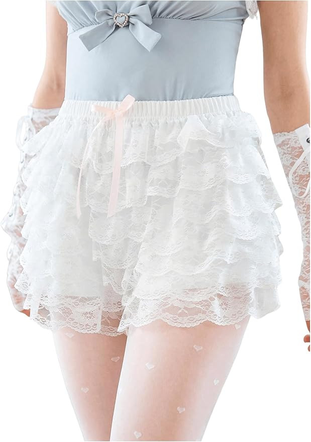 SHENHE Women's Lace Bow Front Boyshorts Panties Layered Ruffled Mid Rise Underwear | Amazon (US)