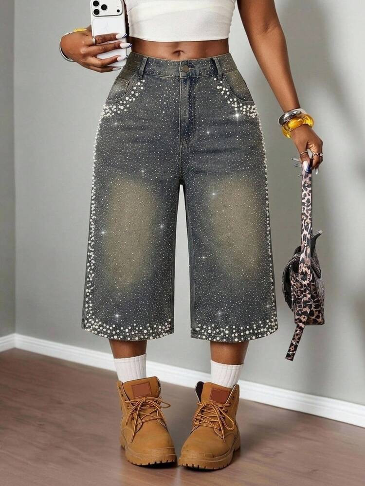 Slaydiva Plus-Size Women's Jeans, High-Waisted Loose Wide-Leg Cropped Denim, Faux Pearl Rhinestone Bling Studded, Grey, Summer, Birthday, Going Out, Baggy | SHEIN