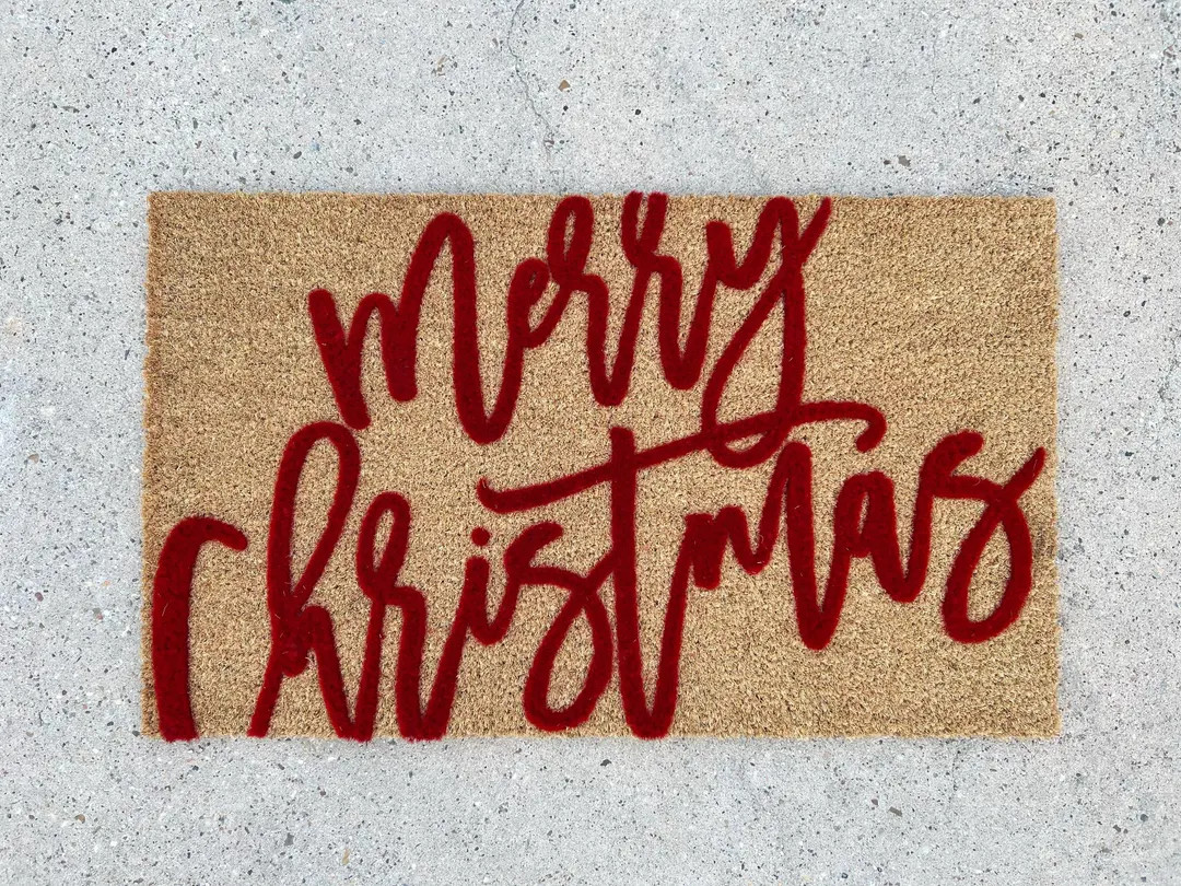 Merry Christmas Script Font Doormat, Holiday Decor Door Mat, Flocked Coir Welcome Mat, Outdoor En... | Etsy (US)