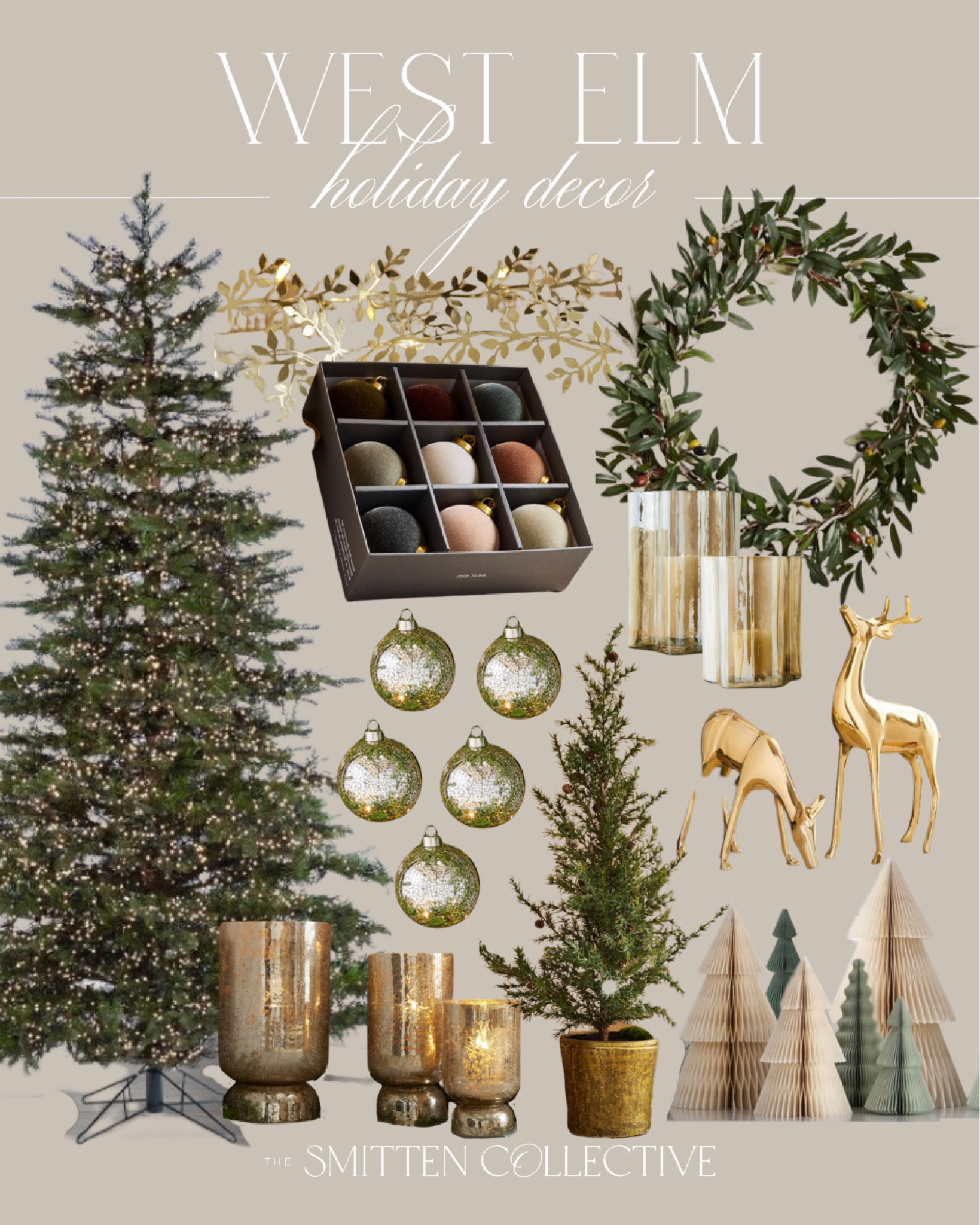 West Elm Holiday decor includes Christmas tree, Holiday wreath, flocked ornaments, mercury glass ornaments, gold leaf garland, gold deer decor, mercury glass hurricanes, mercury glass pedestal candle holders, paper trees and faux mini tree.

Home decor, holiday decor, Christmas decor, elevated Christmas home decor

#LTKhome #LTKHoliday #LTKfindsunder100
