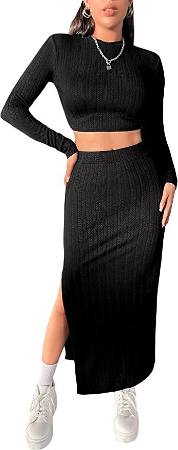 Milumia Women's 2 Piece Dress Outfit Knit Long Sleeve Crop Tops and Bodycon Midi Skirt Set | Amazon (US)