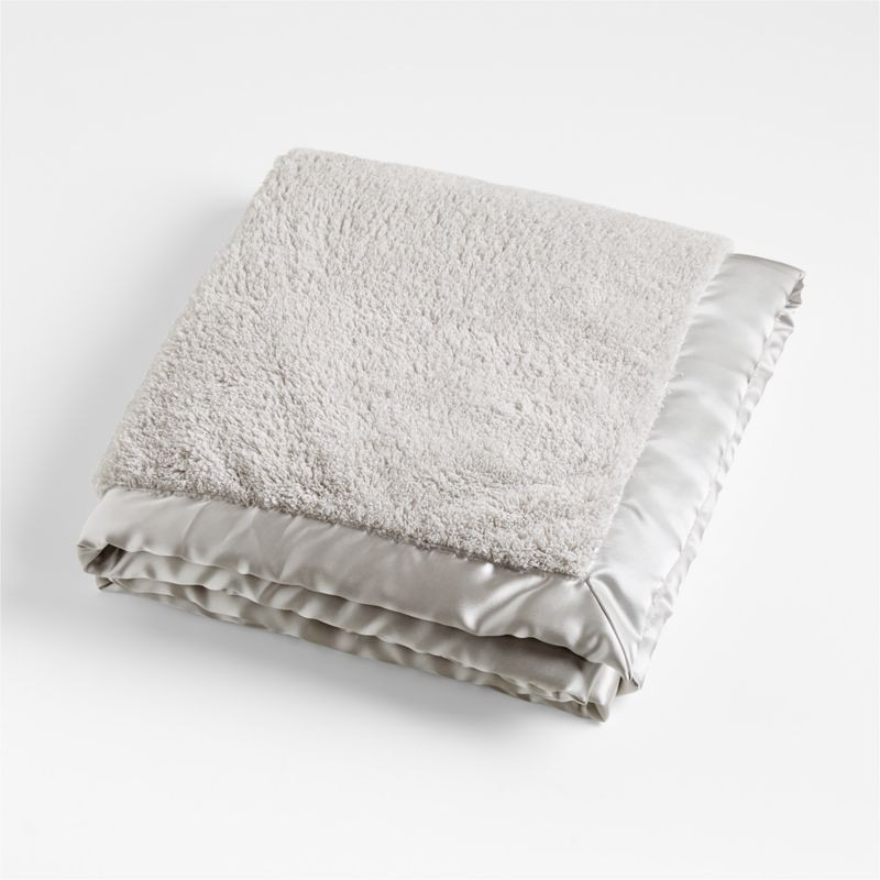 Dove Grey Satin Trim Personalized Plush Baby Stroller Blanket + Reviews | Crate & Kids | Crate & Barrel