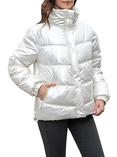 CRISSREXO Women's Quilted Shiny Puffer Jacket Metallic Winter Warm Zip Up Long Sleeve Stand Collar Padded Short Bubble Coat (Large, White) | Amazon (US)