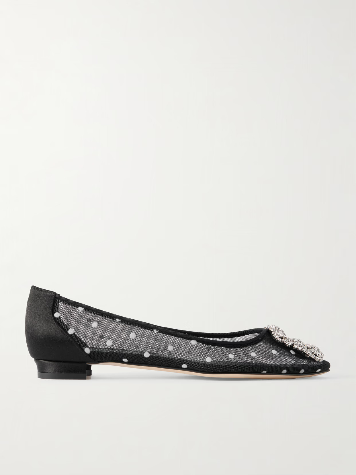 Manolo Blahnik - Hangisiflat Satin-trimmed Crystal-embellished Flocked Mesh Point-toe Ballet Flats - Black | NET-A-PORTER (US)