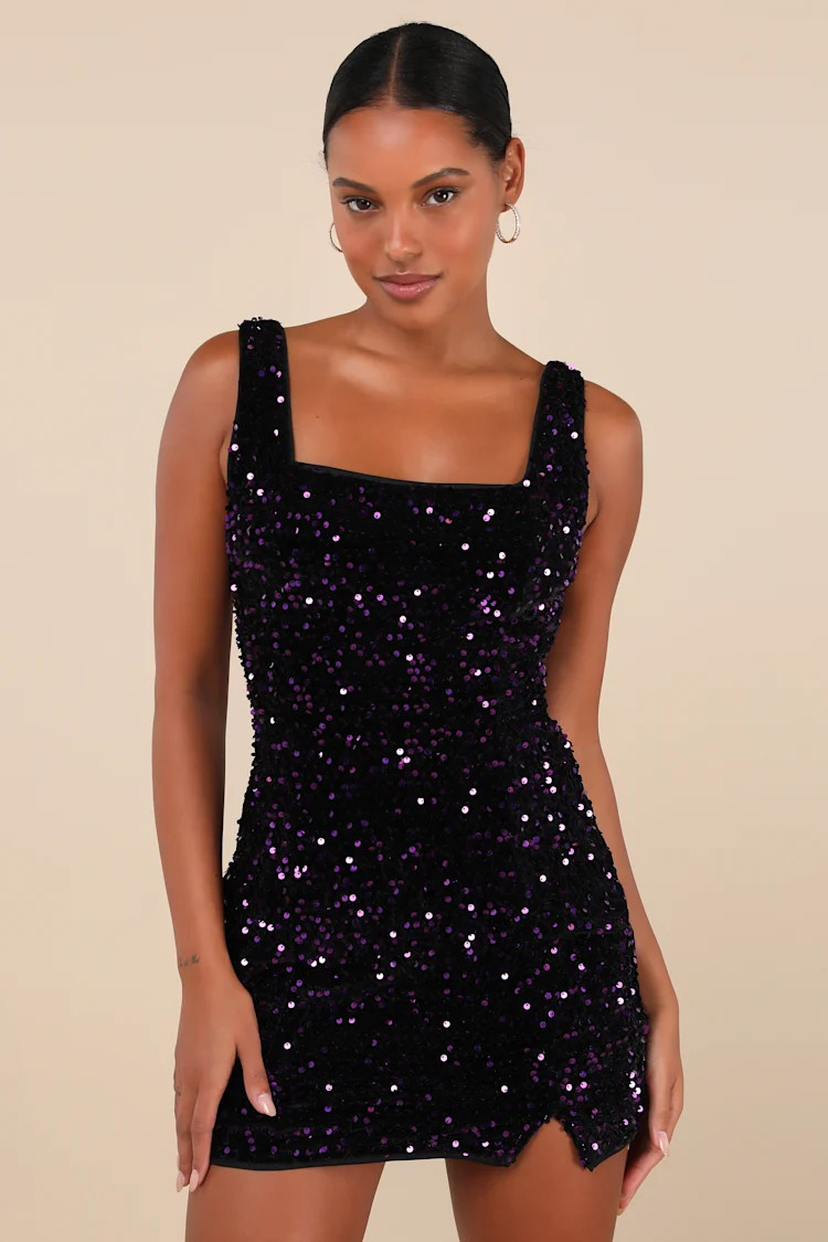 Seeing Sparkles Dark Purple Velvet Sequin Square Neck Mini Dress | Lulus