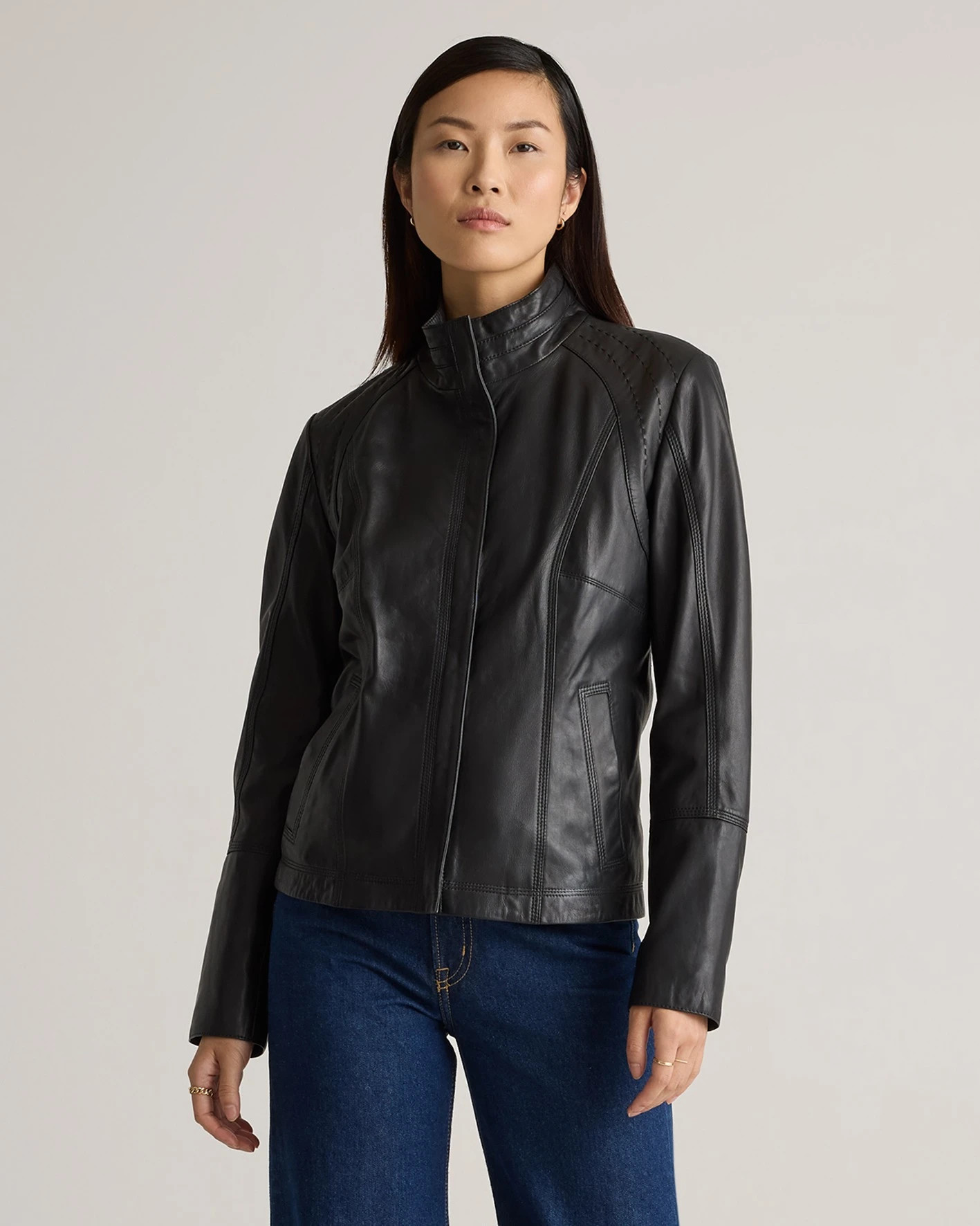 100% Leather Stand-Collar Jacket in Black | Quince