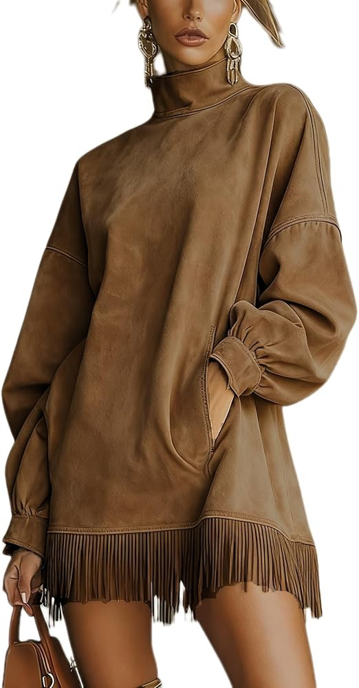 Apvirdy Womens Faux Suede Tassel Mini Dress Vintage High Neck Velvet Dresses Loose Pocket Long Sl... | Amazon (US)