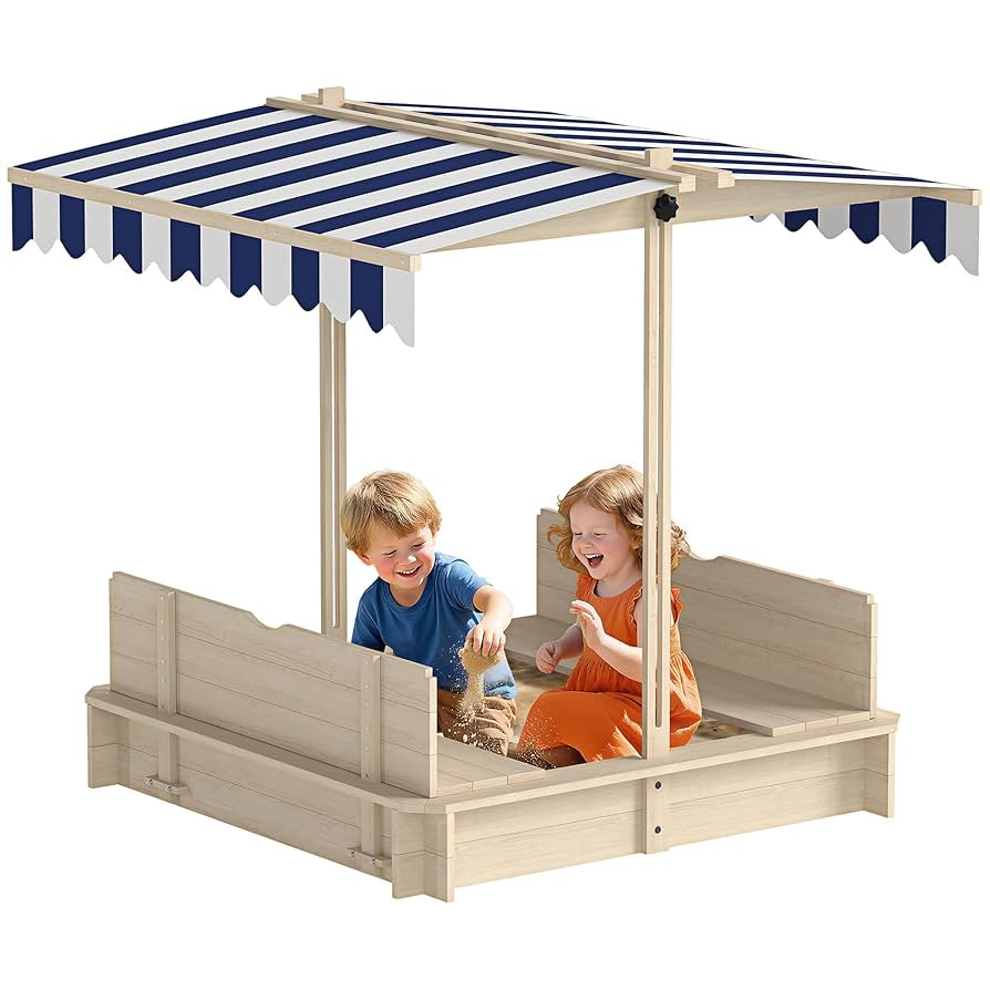 Outsunny Wooden Sandbox with Lid, Kids Sandbox with Canopy Outdoor, Sand Box with Foldable Bench ... | Amazon (US)