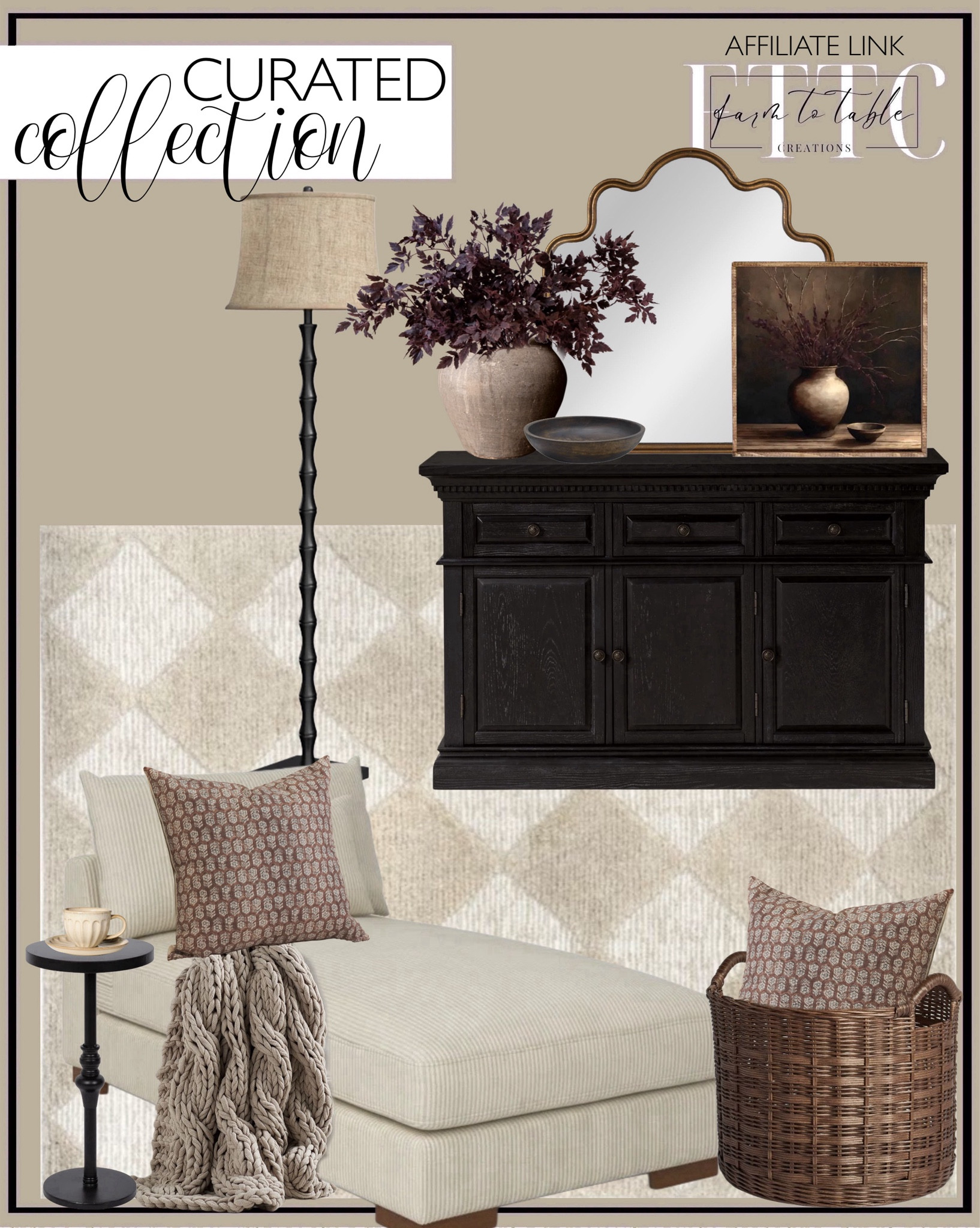 Curated Collection. Follow @farmtotablecreations on Instagram for more inspiration.

Use code FARMTOTABLE for 15% off framed artwork  

Maven Lane Theo Traditional Large Wooden Sideboard, Accent Buffet Server Table with Doors. Nuloom Marissa High/Low Diamond Tassel Area Rug. Creative Co-Op Wavy Scalloped Arched Metal Framed Wall Mirror. Plum Stems Still Life Canvas Framed Art. VINTAGE PORTO PORCELAIN POT MEDIUM. Fitz and Floyd Austin Craft Mango Wood Serve Bowl, 2-Quart, Espresso. Plum Cimicufufa Stems. Ayvion Upholstered Chaise Lounge. Huntsberry End Table. Hafner 62'' Black Traditional Floor Lamp. Colossal Handknit Throw. Floral Pillow Covers. Medium Round Rattan Decorative Basket Dark Brown - Threshold designed with Studio McGee: Open Top, Side Handles. Fluted, stoneware, espresso, cup, and saucer.  

Amazon Home | Skinny Bench | Bedroom | Living Room | Breakfast Nook | Amazon Home | Target Sale | Loloi Rugs | Magnolia Home | console table | console table styling | faux stems | entryway space | home decor finds | neutral decor | entryway decor | cozy home | affordable decor |  home decor | home inspiration | fall stems | fall console | spring vignette | fall decor | spring decorations | console styling | entryway rug | cozy moody home | moody decor | neutral home




#LTKSaleAlert #LTKHome #LTKFindsUnder50