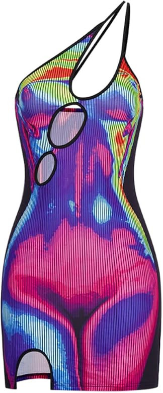 CAPE CLIQUE Sexy Spaghetti Strap Cut Out Split Hem Thermal Asymmetric Body Print Mini Bodycon Dre... | Amazon (US)
