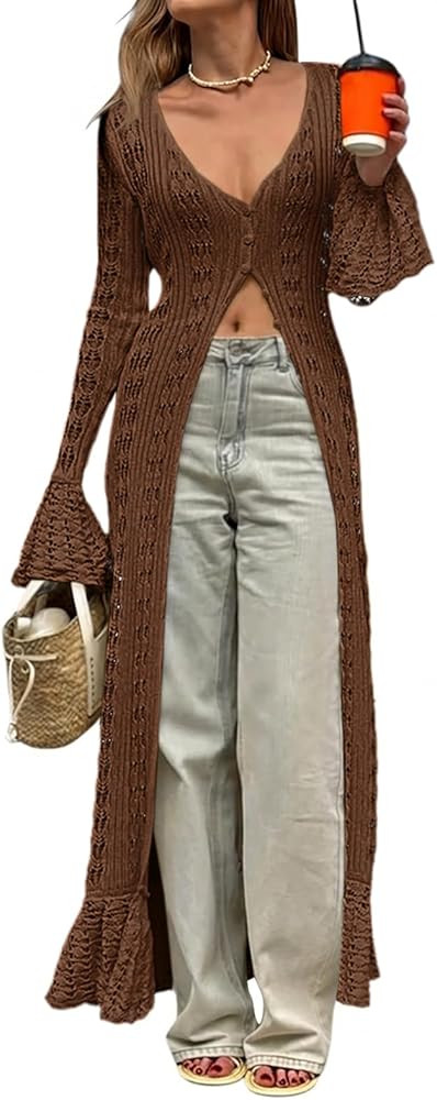 Saodimallsu Womens Crochet Long Cardigans Duster Button Up Bell Long Sleeve Ruffle 2026 Summer Bo... | Amazon (US)