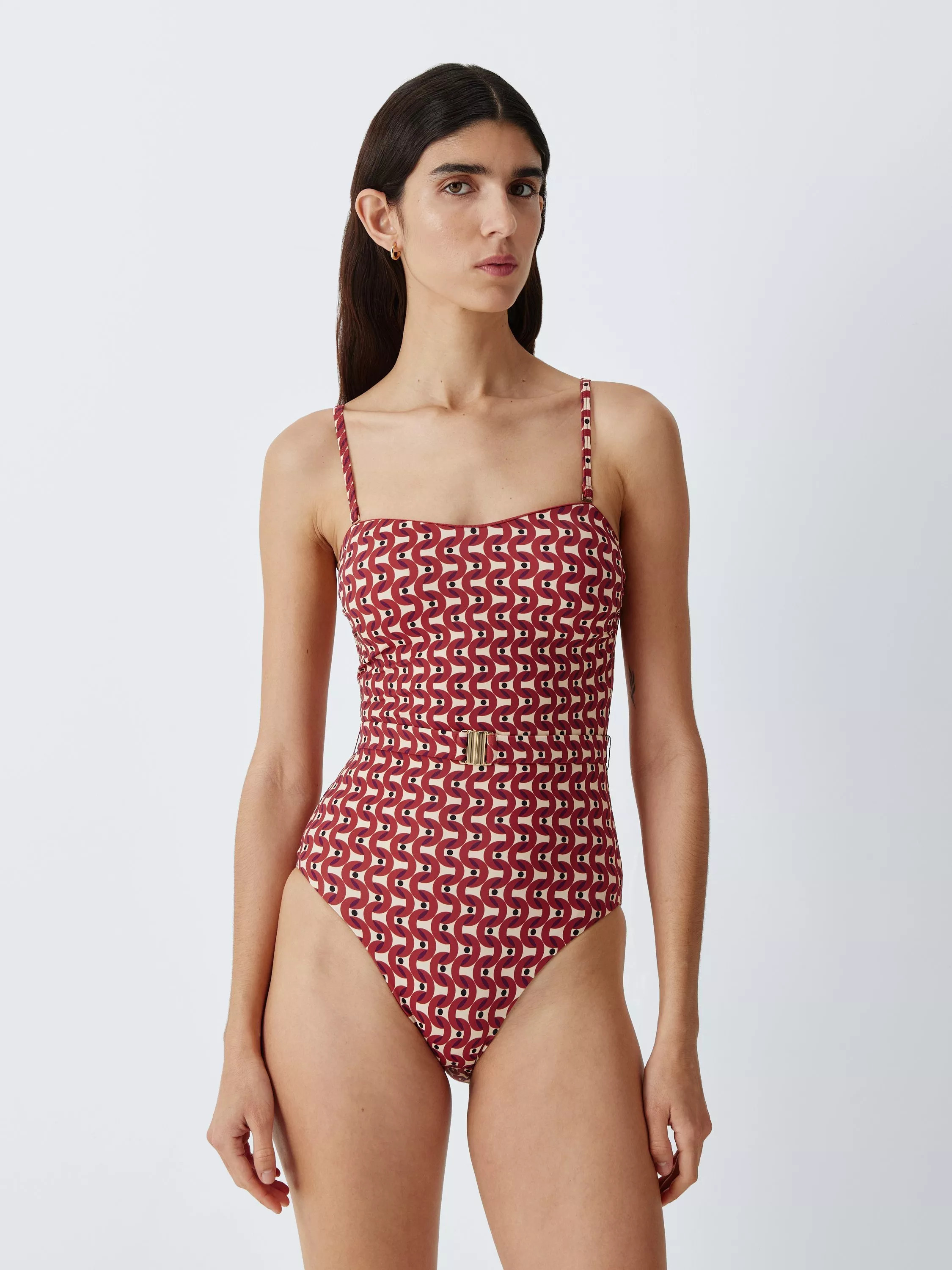 John Lewis Monterey Geo Print Belted Bandeau Swimsuit, Neutral | John Lewis (UK)