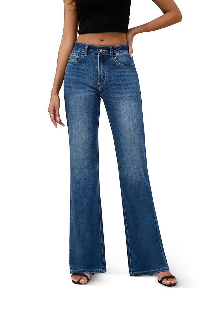 FLYING BANANA Women's High Rise Wide Leg Baggy Stretchy Loose Flare Bell Bottom Denim Jeans | Amazon (US)