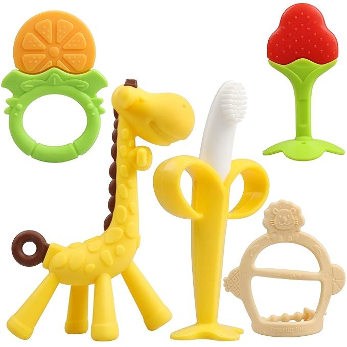 Safeswee Baby Teething Toys (5 Pack) Silicone Baby Teether BPA-Free Banana Toothbrush Giraffe Fru... | Amazon (US)