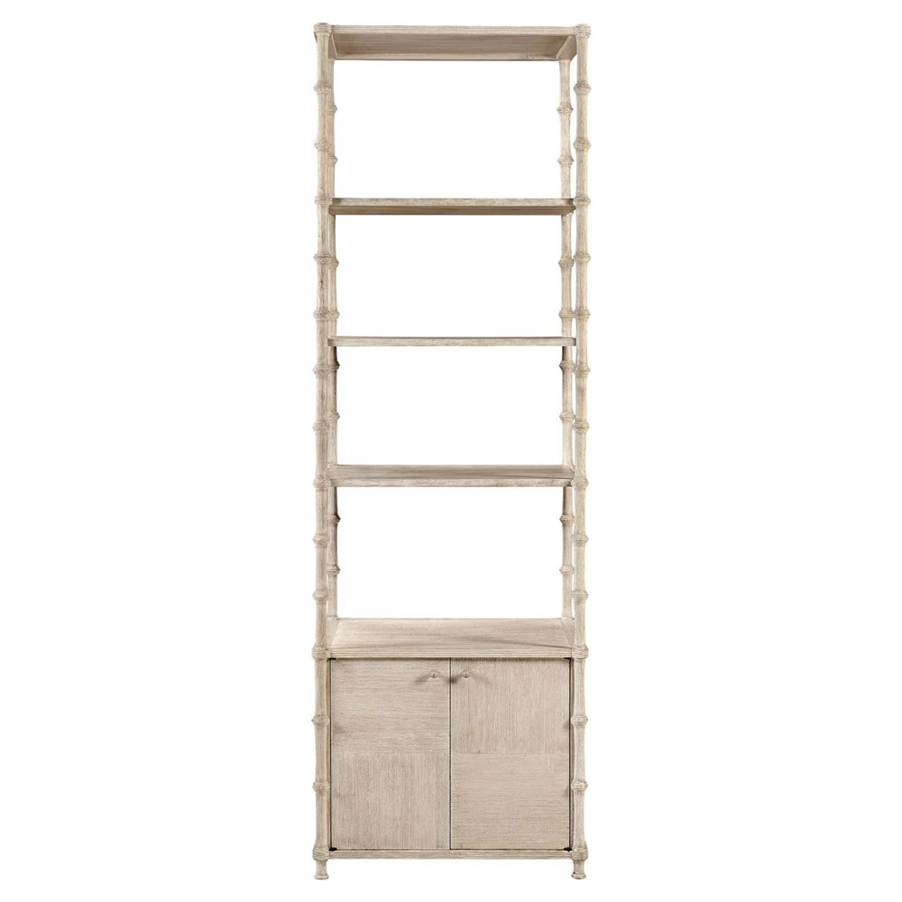 Mateo Coastal Beach Beige Acacia Wood Bamboo Etagere | Kathy Kuo Home