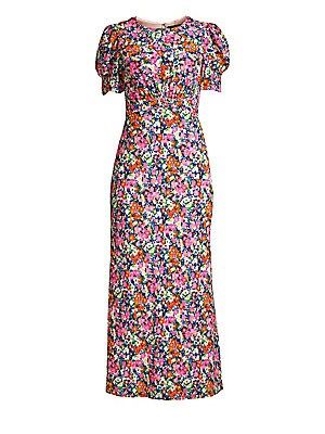 Bianca Floral Silk Puff-Sleeve Dress | Saks Fifth Avenue