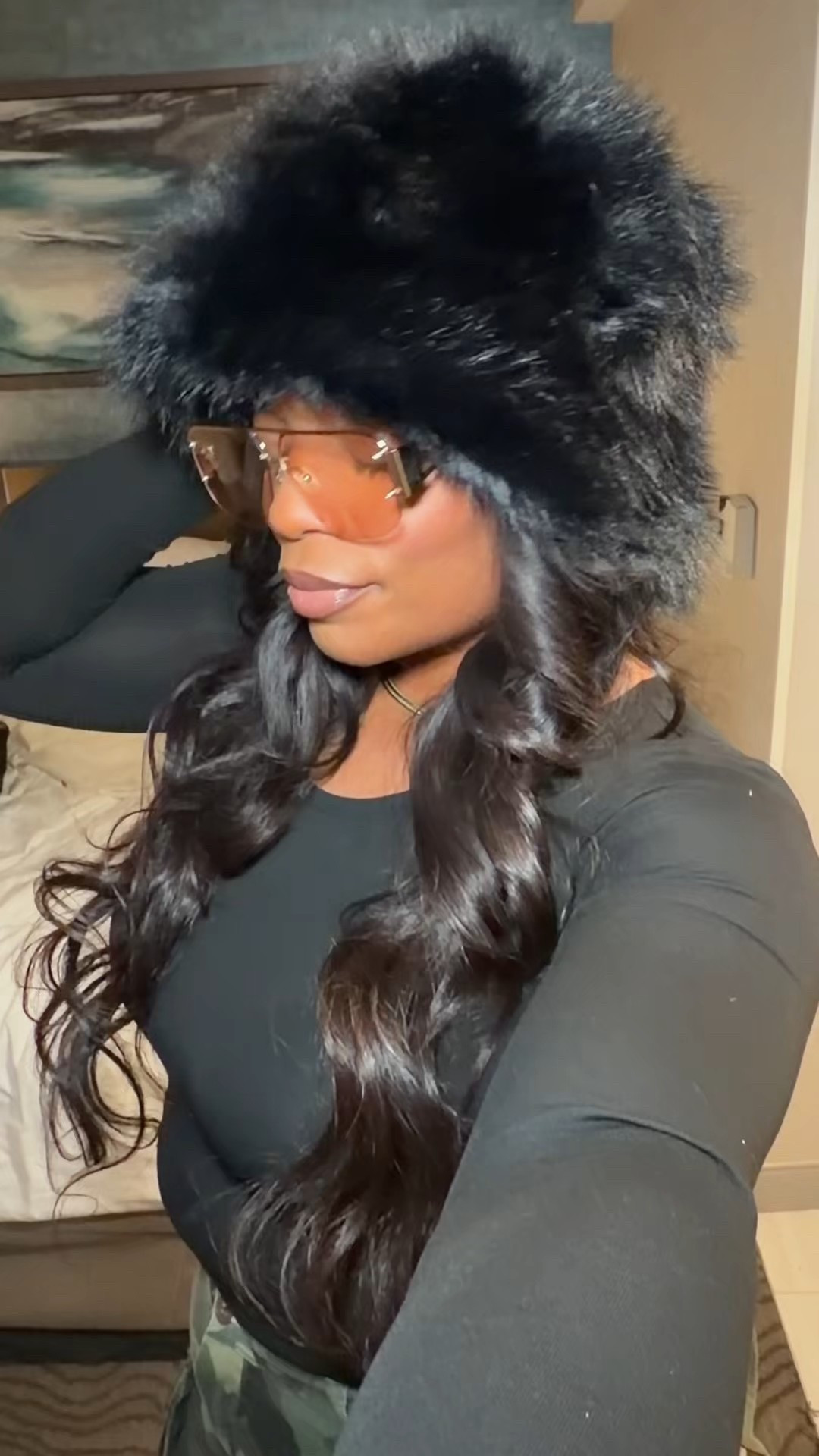 Winter fashion! Black faux fur hat, black long sleeve top, army fatigue cargo pants, tinted frames, black boots. #armyfatiguecargos #blackfurhat #bootegasunglasses #wintermidsizefashion #midsizefashionlooks #amazonfashionfinds #amazonfashion #blackfauxfurhat 

#LTKootd #LTKMidsize #LTKgrwm