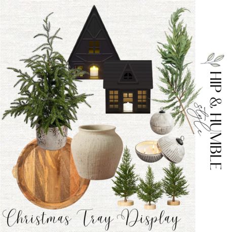 An easy way to create a pretty display anywhere in your home using a tabletop tree, some greenery, Christmas houses and a candle  

#LTKSeasonal #LTKHoliday #LTKhome