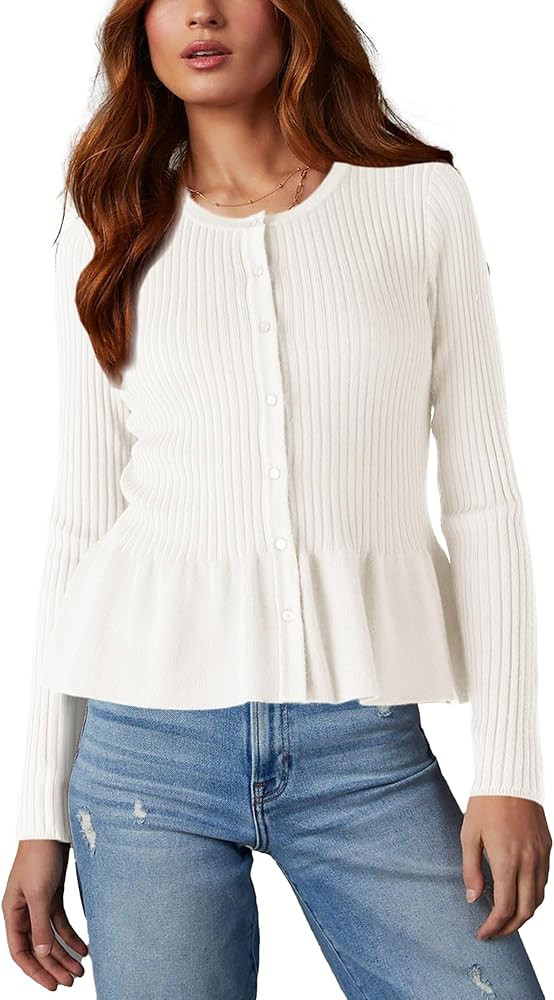 Beautiful Nomad Women's Long Sleeve Cardigan Peplum Sweater Crew Neck Button Tops Knit Ribbed Ele... | Amazon (US)