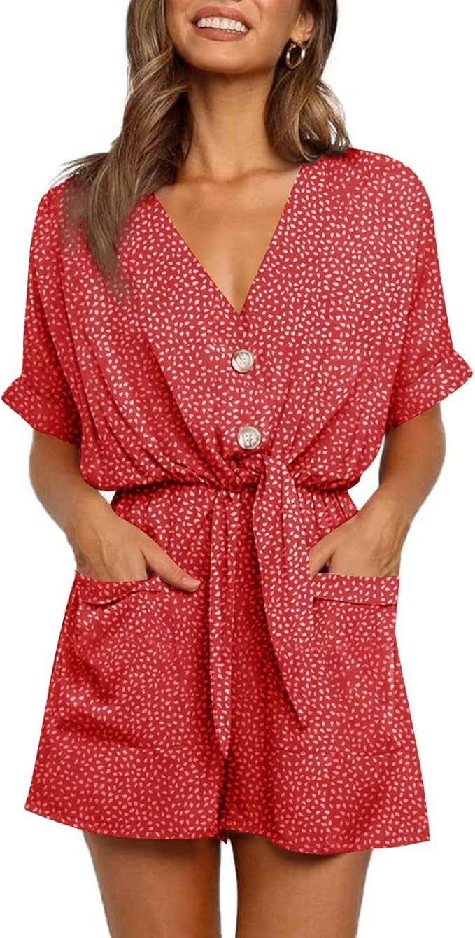 Ivay Womens V Neck Button Rompers Knot Tie Short Sleeve Sexy Loose Playsuit Jumpsuit with Pockets | Amazon (US)