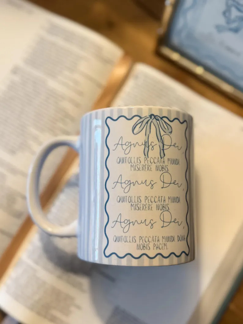 Agnus Dei Script Prayer Mug | Blue Striped Religious Coffee Cup - Etsy | Etsy (US)