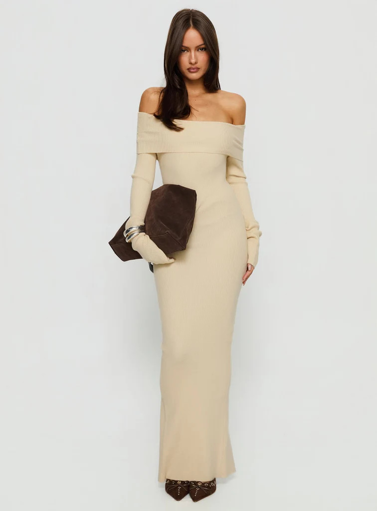 Phylis Off The Shoulder Maxi Dress Cream | Princess Polly US