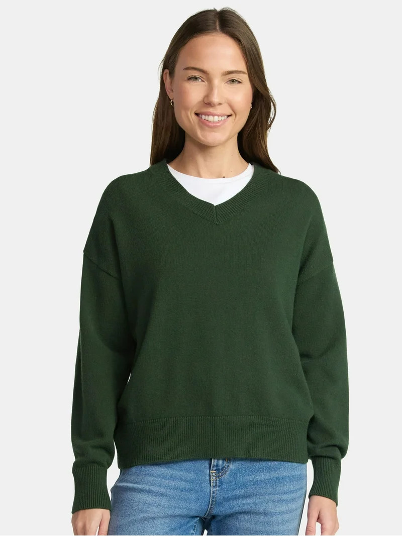 Time and Tru Women's V Neck Pullover Sweater, Lightweight, Sizes XS-XXXL | Walmart (US)