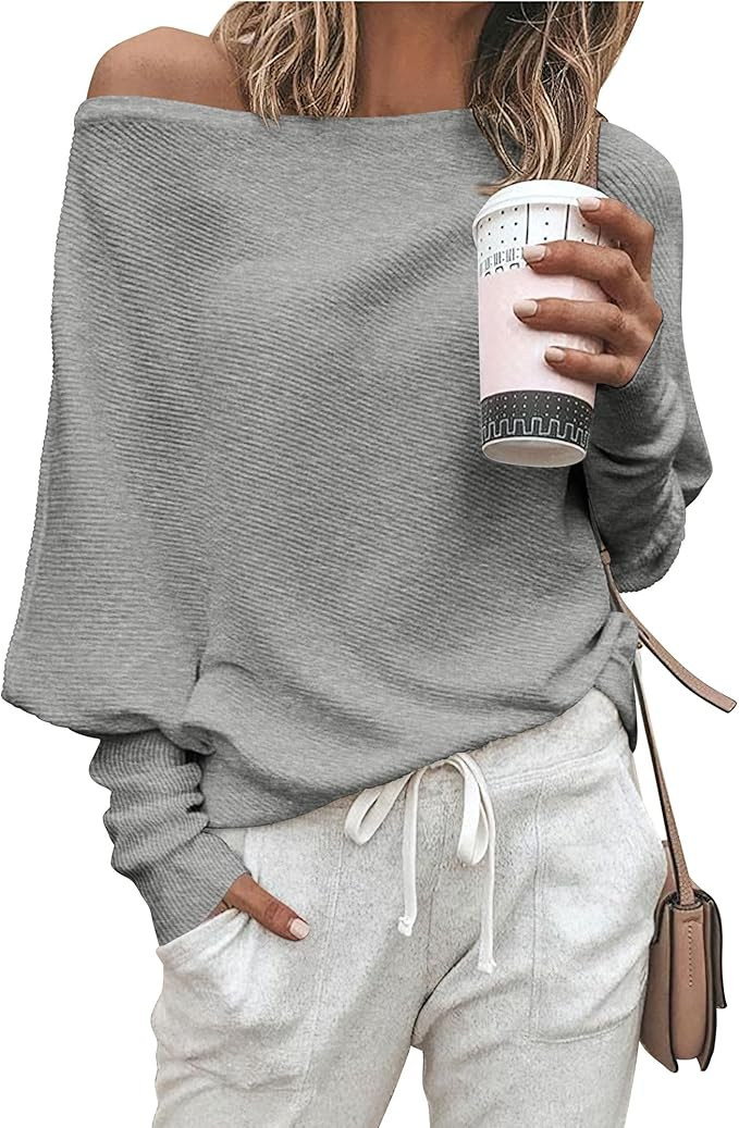 Zenlonr Women's Fall Sweaters 2024 Casual Long Batwing Sleeve Loose Off Shoulder Knit Pullovers J... | Amazon (US)