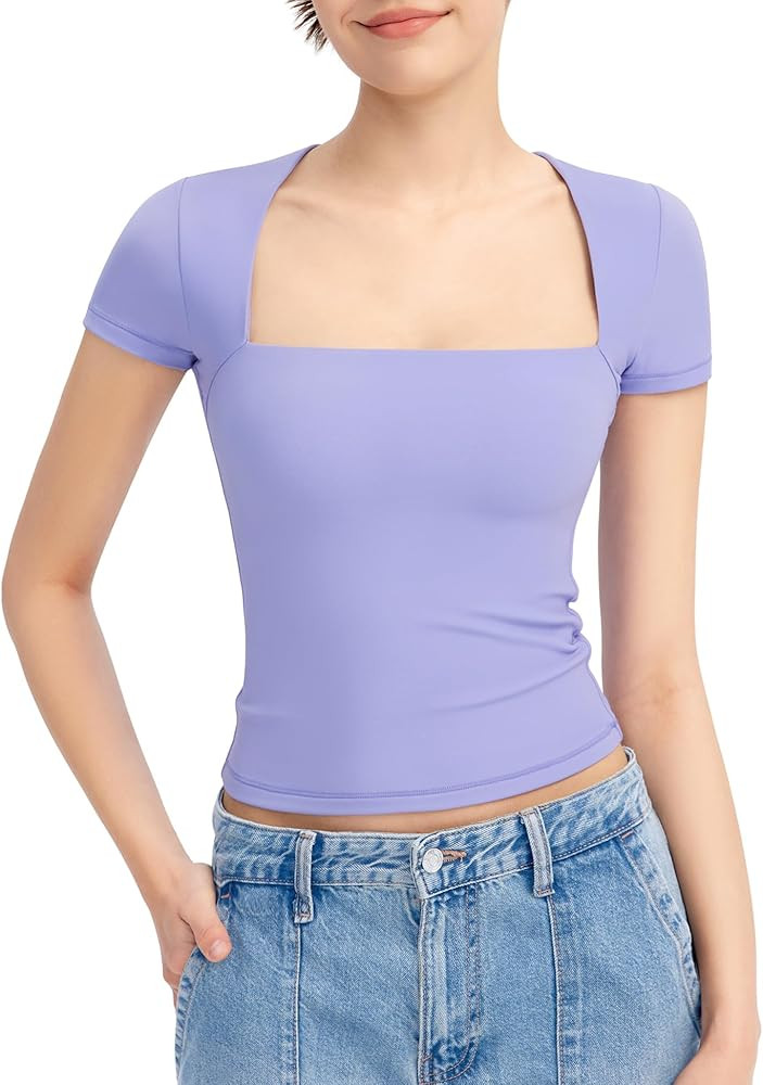 PUMIEY Women's Square Neck Going Out Tops Sexy Slim Fit Short Sleeve T Shirts Smoke Cloud Pro Col... | Amazon (US)